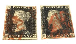 Two Queen Victoria penny black stamps, both with red MX cancels