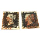 Two Queen Victoria penny black stamps, both with red MX cancels