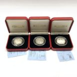 Queen Elizabeth II 1993, 1995 and 1996 Isle of Man silver proof Christmas fifty pence coins, all cas