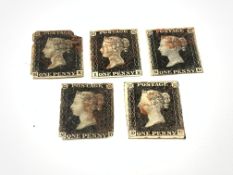 Five Queen Victoria penny black stamps, all with red MX cancels