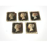 Five Queen Victoria penny black stamps, all with red MX cancels