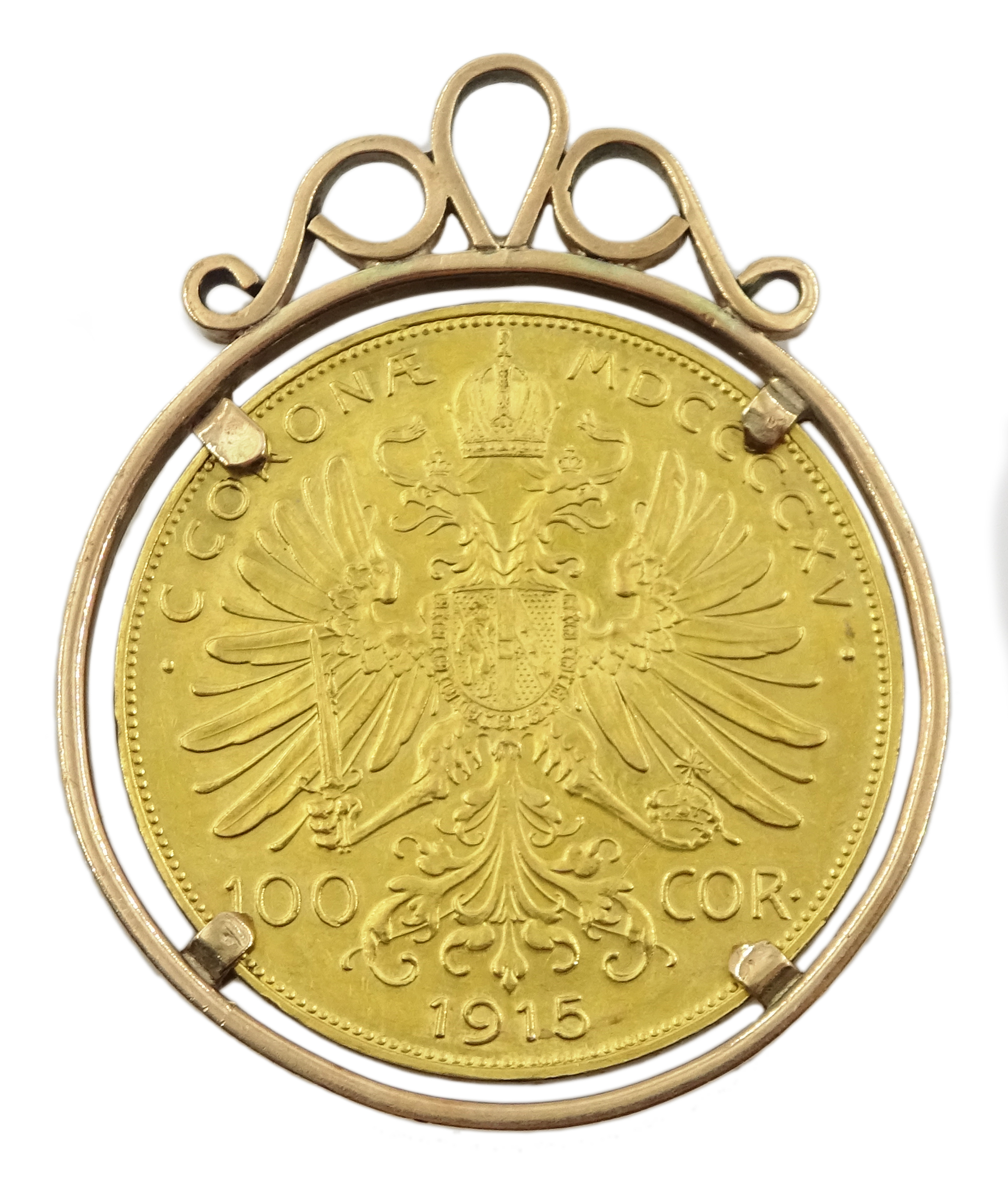 Austrian 1915 re-strike gold 100 corona coin, in a 9ct gold (tested) mount, total weight 41.2 grams - Image 2 of 3
