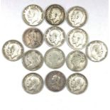 Fourteen pre 1920 Great British half crown coins, from the reigns of Queen Victoria, King Edward VII