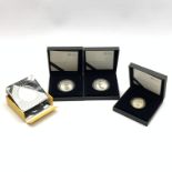 Four The Royal Mint silver proof coins, all dated 2020, two five pounds from 'The Tower of London Co