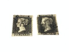 Two Queen Victoria penny black stamps, both with black MX cancels