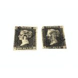 Two Queen Victoria penny black stamps, both with black MX cancels