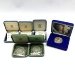 Six United Kingdom silver proof five pound coins, two dated 1972, two 1981, one 1990 and one 2002