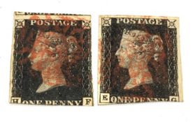 Two Queen Victoria penny black stamps, both with red MX cancels