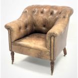 George Smith leather club chair, upholstered in deep buttoned leather, raised on turned walnut fron