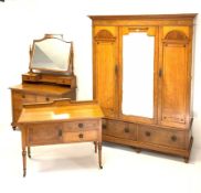 Late Victorian inlaid oak bedroom suit - comprising of a triple wardrobe with dentil cornice over t