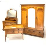 Late Victorian inlaid oak bedroom suit - comprising of a triple wardrobe with dentil cornice over t