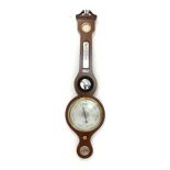 George III style mahogany wheel barometer and thermometer, with string inlay and silvered registers