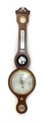 George III style mahogany wheel barometer and thermometer, with string inlay and silvered registers