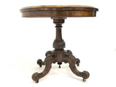 Victorian burr walnut demi-lune card table, the well figured fold over revolving top revealing baiz