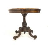 Victorian burr walnut demi-lune card table, the well figured fold over revolving top revealing baiz