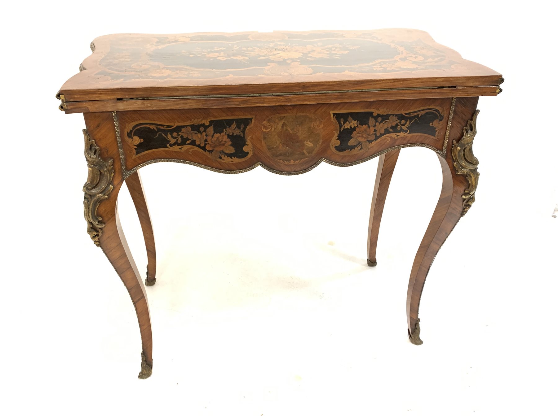 19th century French kingwood marquetry games table, the serpentine floral inlaid fold over revolvin - Image 9 of 10