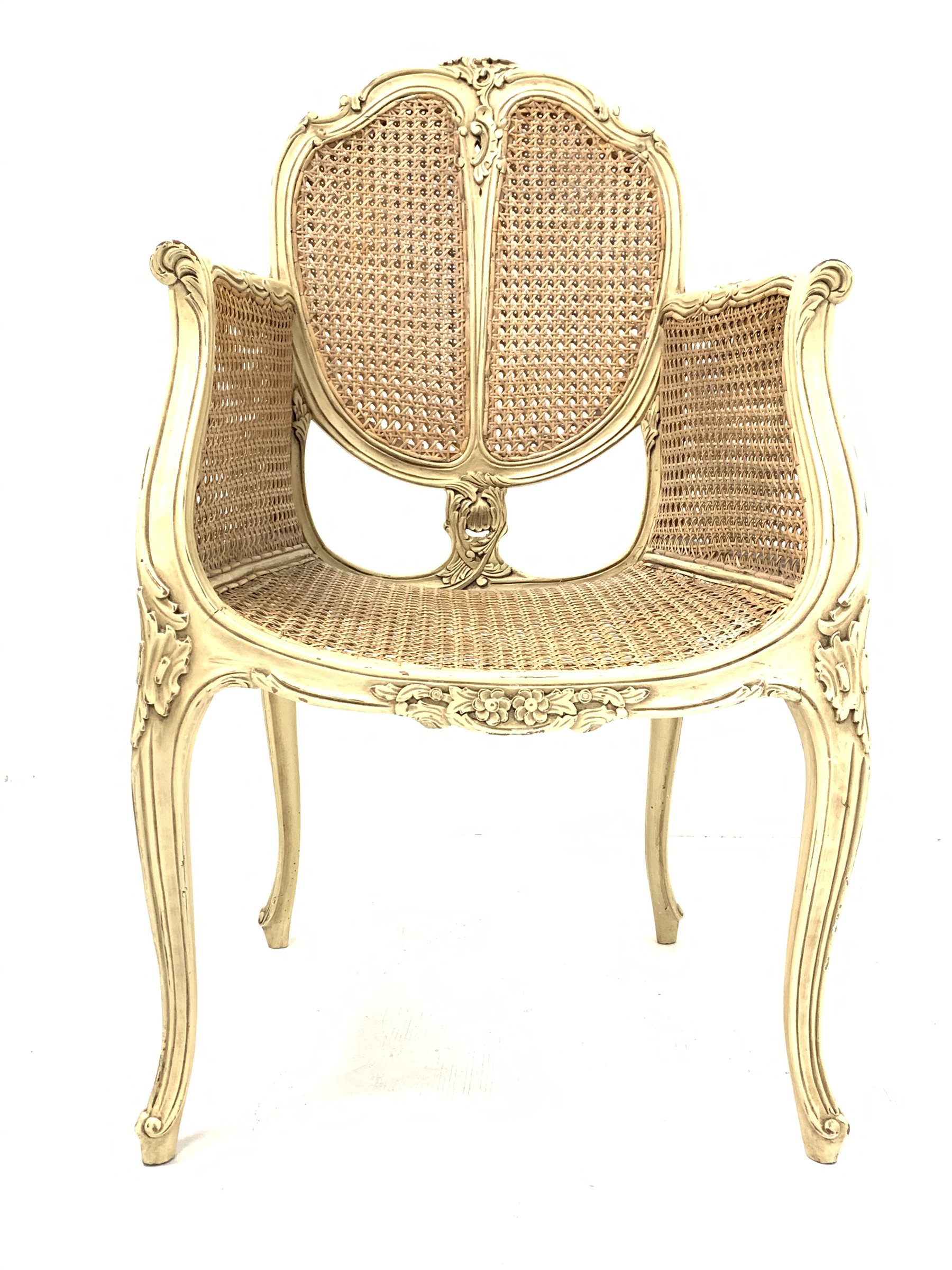 French style cream painted double bergere chair with silk cushions, raised on slender and scrolled - Image 2 of 2