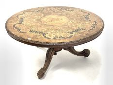 19th century walnut marquetry centre table, top with floral boxwood and ebonised inlay and acanthus