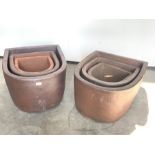 Two sets of three D shaped salt glazed terracotta planters, W51cm