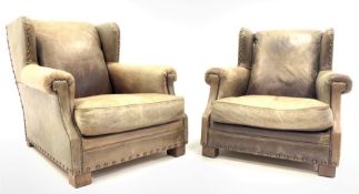 Ralph Lauren for Harrods - Pair of deep wingback club armchairs upholstered in studded green tan le