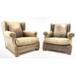 Ralph Lauren for Harrods - Pair of deep wingback club armchairs upholstered in studded green tan le