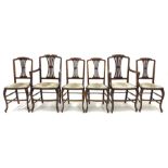 Set six (4+2) Edwardian mahogany dining chairs, with boxwood string inlay, pierced splats, upholste