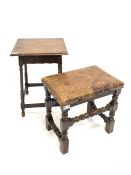 18th century style oak stool with leather upholstered top raised on turned supports and stretchers,