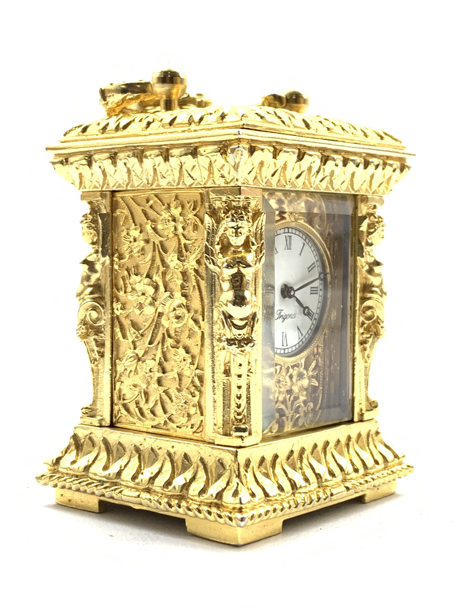 20th century miniature ornate brass carriage time piece, white enamel dial with Roman numeral chapt - Image 2 of 3