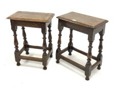 Matched pair 19th century oak coffin stools, with moulded and pegged tops raised on turned and bloc