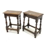 Matched pair 19th century oak coffin stools, with moulded and pegged tops raised on turned and bloc