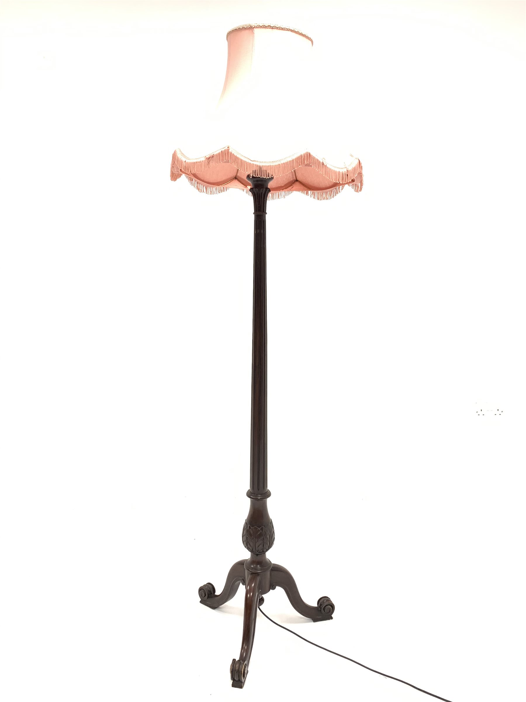 Quality mahogany 1920's standard lamp, with leaf carved and fluted column raised on triple spay sup - Image 2 of 2