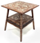 Early 20th century Chinese rosewood bone inlaid two tier centre table with pierced and carved fret