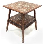 Early 20th century Chinese rosewood bone inlaid two tier centre table with pierced and carved fret