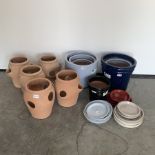 Five terracotta strawberry pot planters, (W27cm Max) six other pots of varying designs, (W32cm Max)