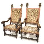 Pair of late 19th / early 20th century Italian carved walnut high back chairs, each with gilt acan