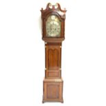 George III oak and mahogany banded longcase clock, the associated silvered brass dial with Roman an