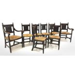 Set eight (6+2) early 20th century dark oak dining chairs, ball finials over floral carved back pan