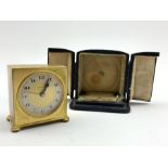 Miniature brass 'Zenith' travel alarm clock, silvered Arabic chapter ring, H6cm