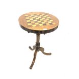 Victorian walnut tripod table with inlaid games board and chequered frieze, raised on turned ash su