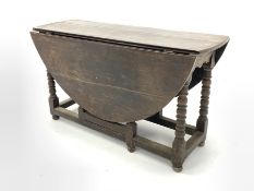 18th Century oak gateleg dining table, oval top raised on bobbin turned supports, W140cm