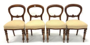 Set four Victorian walnut balloon back dining chairs, white striped linen upholstered seat raised o