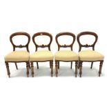 Set four Victorian walnut balloon back dining chairs, white striped linen upholstered seat raised o