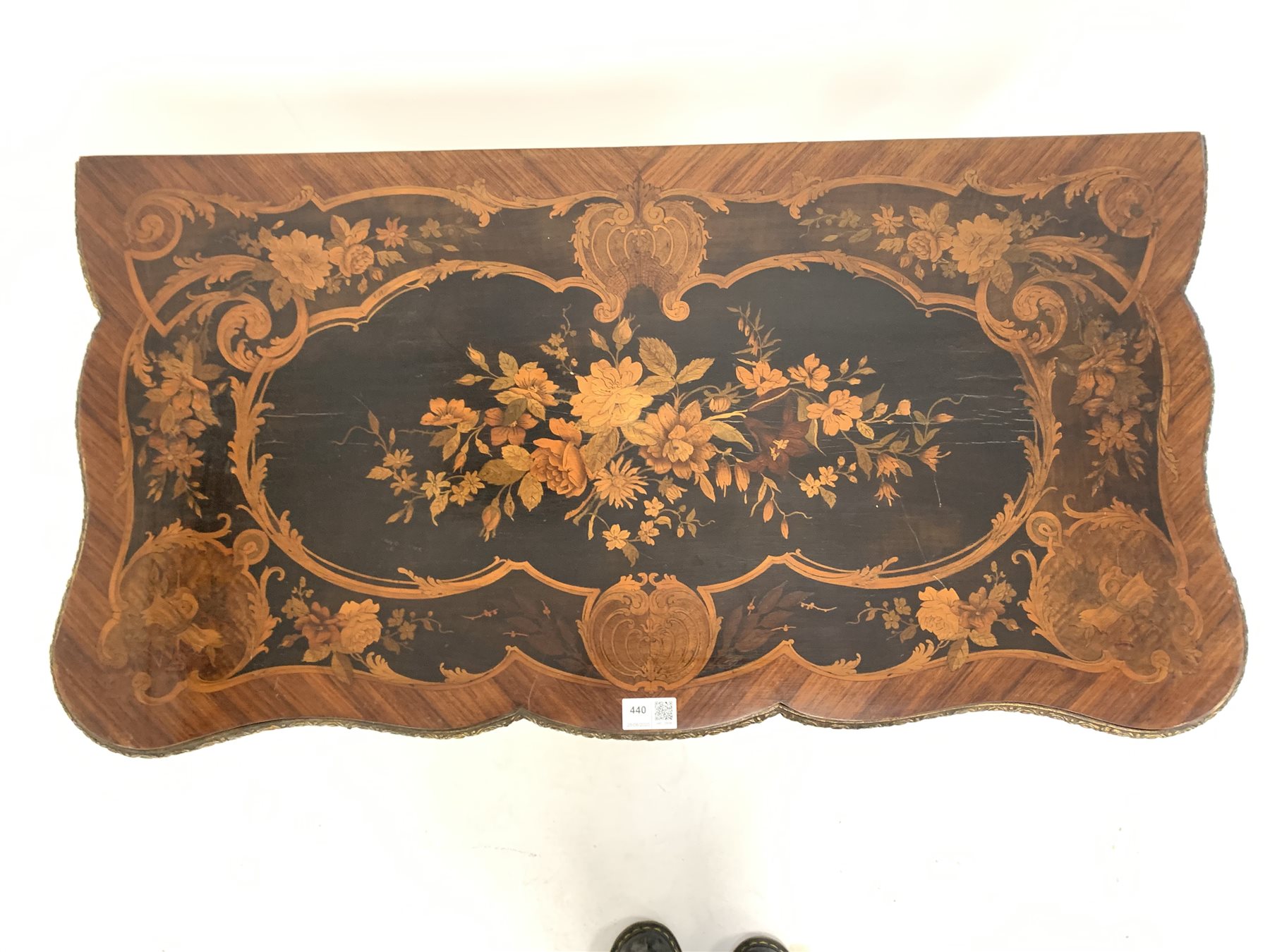 19th century French kingwood marquetry games table, the serpentine floral inlaid fold over revolvin - Image 7 of 10