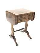 Regency rosewood sewing table, top with two drop leaves over two drawers and two faux drawers, rais