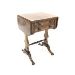 Regency rosewood sewing table, top with two drop leaves over two drawers and two faux drawers, rais