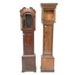 19th century oak longcase clock case with mahogany cross banding, (H217cm) and another oak longcase