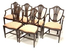 Set six (4+2) 19th century mahogany shield back dining chairs, having pierced and carved splats ove