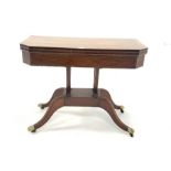 Regency mahogany card table, with rosewood cross banded and string inlaid top hinged to reveal baiz