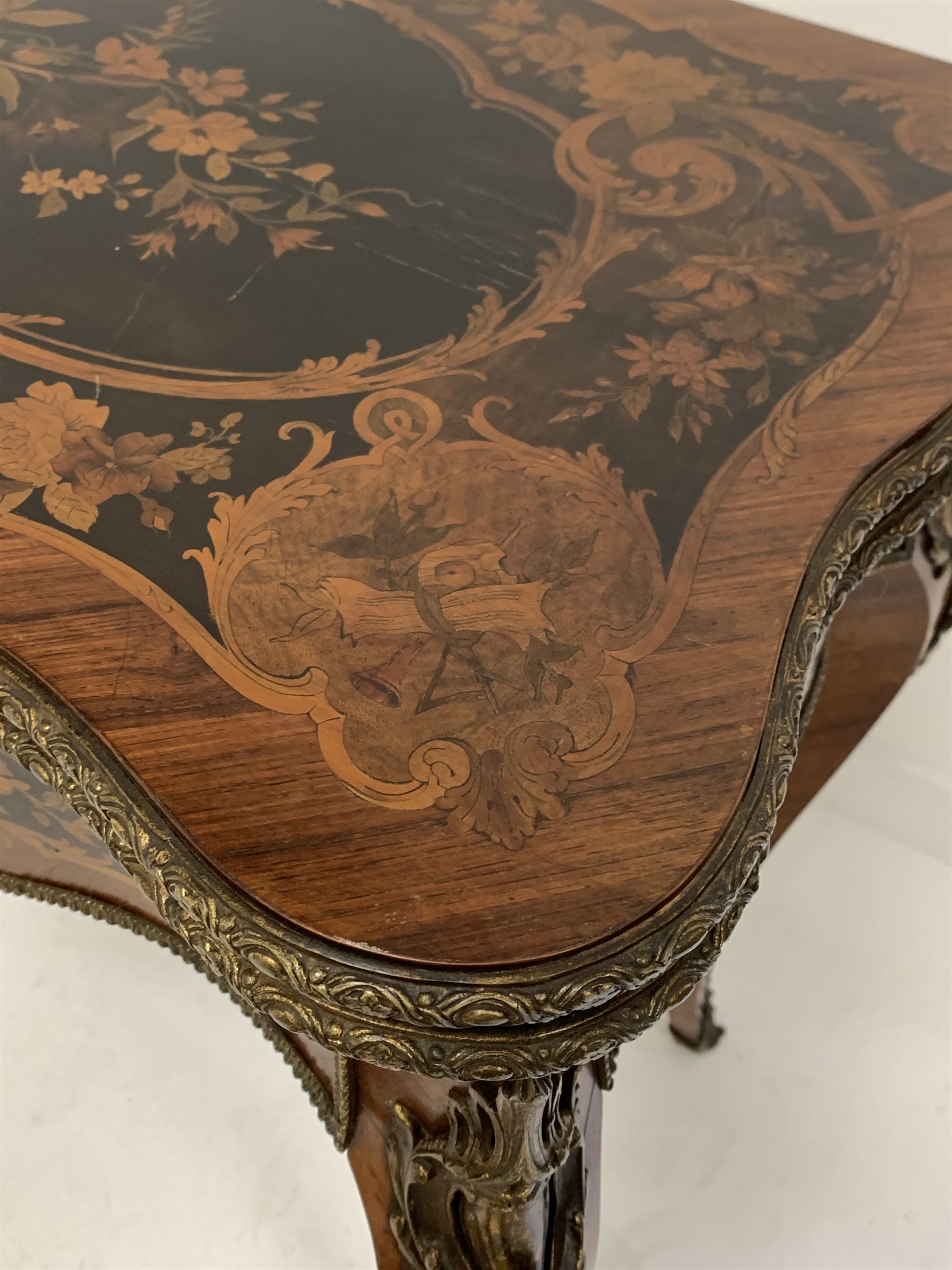 19th century French kingwood marquetry games table, the serpentine floral inlaid fold over revolvin - Image 8 of 10