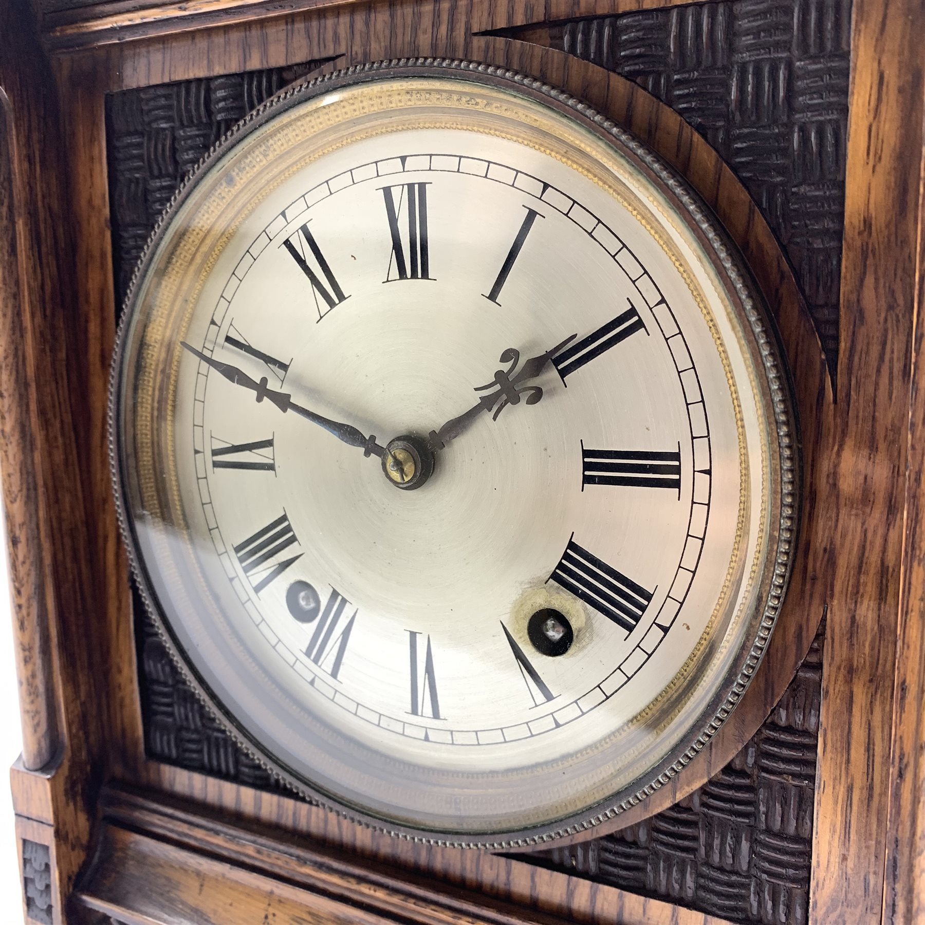 Late 19th century oak cased mantel clock, galleried top with shield and scroll carved raised back, - Image 3 of 4